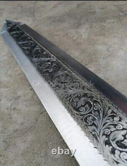 Custom handmade stainless steel engraved sword with beautifull leather sheath