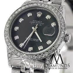 Diamond Rolex Watch 36mm Datejust Custom Diamond Black Dial In Stainless Steel