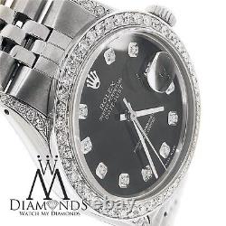 Diamond Rolex Watch 36mm Datejust Custom Diamond Black Dial In Stainless Steel