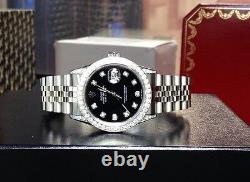 Diamond Rolex Watch 36mm Datejust Custom Diamond Black Dial In Stainless Steel