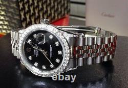 Diamond Rolex Watch 36mm Datejust Custom Diamond Black Dial In Stainless Steel