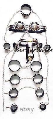 Female 9 Piece Sets Stainless Steel Chastity Belt Collar Bra Wrist Cuffs Thigh