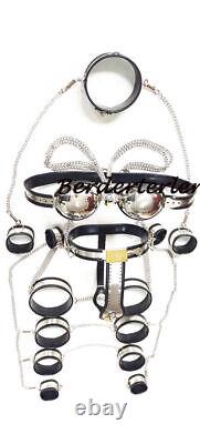 Female 9 Piece Sets Stainless Steel Chastity Belt Collar Bra Wrist Cuffs Thigh