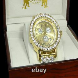 Genuine Diamond 18k Gold Tone Finish Big Stone Custom Bezel XL Men's Band Watch