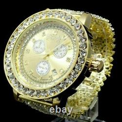 Genuine Diamond 18k Gold Tone Finish Big Stone Custom Bezel XL Men's Band Watch