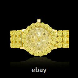 Genuine Diamond Stainless Steel Gold Canary Custom Men's Ice House Watch WithDate