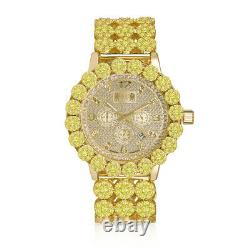 Genuine Diamond Stainless Steel Gold Canary Custom Men's Ice House Watch WithDate