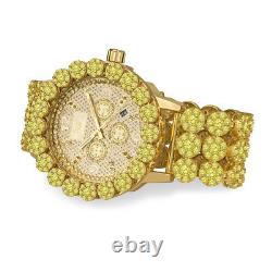 Genuine Diamond Stainless Steel Gold Canary Custom Men's Ice House Watch WithDate