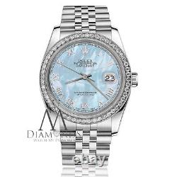Ladies Rolex 36mm Datejust Baby Blue Mother Of Pearl Roman Numeral Dial Watch