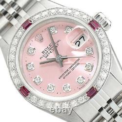 Ladies Rolex Datejust 18k White Gold Diamond Ruby & Steel Pink Dial Watch