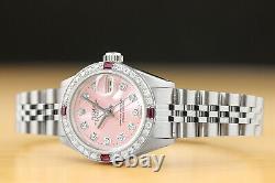 Ladies Rolex Datejust 18k White Gold Diamond Ruby & Steel Pink Dial Watch