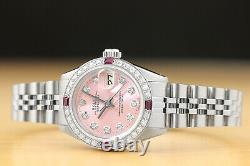 Ladies Rolex Datejust 18k White Gold Diamond Ruby & Steel Pink Dial Watch