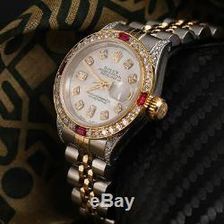 Ladies Rolex SS & Gold 26mm Datejust Watch White MOP Dial Ruby & Diamond Bezel