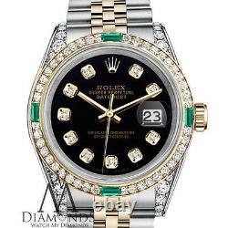 Ladies Rolex Stainless Steel Gold 26mm Datejust Black Color Diamond Emerald Dial