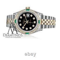 Ladies Rolex Stainless Steel Gold 26mm Datejust Black Color Diamond Emerald Dial