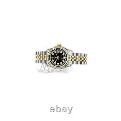 Ladies Rolex Steel & Gold 26mm Datejust Glossy Black String Diamond Dial Watch