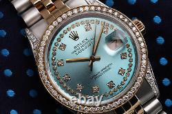 Ladies Rolex Steel & Gold 36mm Datejust Ice Blue String Diamond Dial Watch