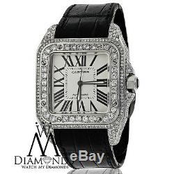 Luxury Diamond Cartier Santos 100 Automatic Watch Larger 10ct Natural Diamond