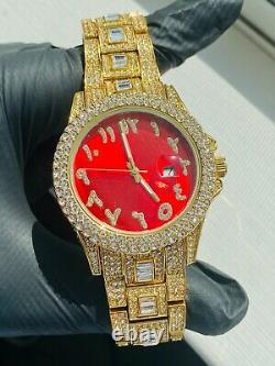 Men Custom Fully Ice out 14k Gold F Bling Round Red Arabic Dial Icy Watch Iced