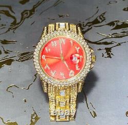 Men Custom Fully Ice out 14k Gold F Bling Round Red Arabic Dial Icy Watch Iced