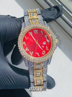 Men Custom Fully Ice out 14k Gold Silver Round Red Arabic Dial Icy Watch Iced