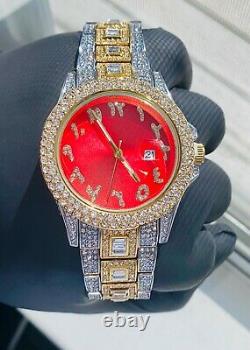 Men Custom Fully Ice out 14k Gold Silver Round Red Arabic Dial Icy Watch Iced