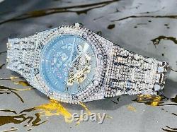 Men Custom Fully Ice out Silver Octagon Bling Round Blue Arabic Dial Bling Watch