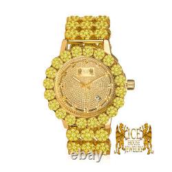 Men Real Diamond Stainless Steel Canary Gold Custom Flower IceHouse Watch WithDate