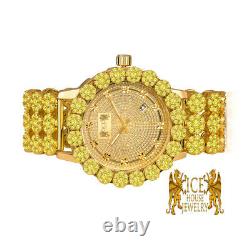 Men Real Diamond Stainless Steel Canary Gold Custom Flower IceHouse Watch WithDate
