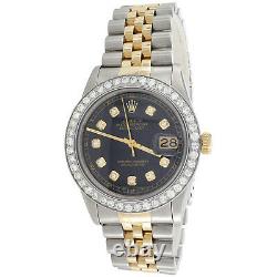 Men's 36mm Rolex DateJust Diamond Watch 18K Two Tone Jubilee Black Dial 2 CT