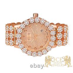 Men's Real Diamond Stainless Steel Rose Gold Custom Flower IceHouse Watch WithDate