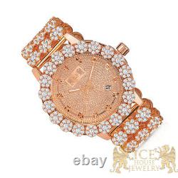 Men's Real Diamond Stainless Steel Rose Gold Custom Flower IceHouse Watch WithDate