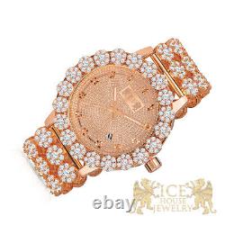 Men's Real Diamond Stainless Steel Rose Gold Custom Flower IceHouse Watch WithDate