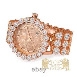 Men's Real Diamond Stainless Steel Rose Gold Custom Flower IceHouse Watch WithDate