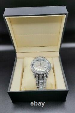 Mens Custom Fully Ice out Bling Dual Calendar Watch Iced Cz Stainless Steel Gold