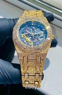 Mens Custom Fully Ice out Gold Octagon Bling Round Blue Arabic Dial Bling Watch
