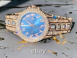 Mens Custom Fully Ice out Rose Gold Bling Round Blue Arabic Dial Icy Watch Iced