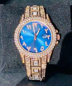 Mens Custom Fully Ice out Rose Gold Bling Round Blue Arabic Dial Icy Watch Iced