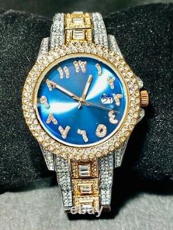 Mens Custom Fully Ice out Silver 2 Tone Bling Round Blue Arabic Dial Bling Watch