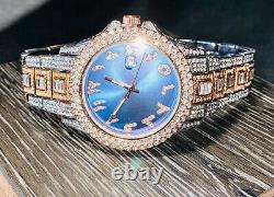 Mens Custom Fully Ice out Silver 2 Tone Bling Round Blue Arabic Dial Bling Watch