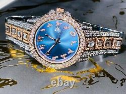 Mens Custom Fully Ice out Silver 2 Tone Bling Round Blue Arabic Dial Bling Watch