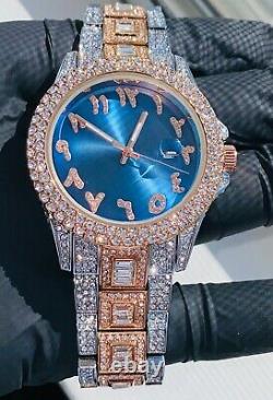 Mens Custom Fully Ice out Silver 2 Tone Bling Round Blue Arabic Dial Bling Watch
