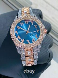 Mens Custom Fully Ice out Silver 2 Tone Bling Round Blue Arabic Dial Bling Watch