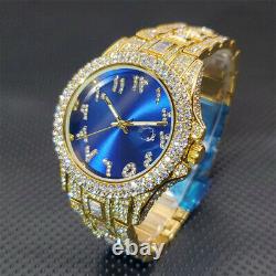 Mens Custom Fully Ice out Silver Bling Round Blue Arabic Dial Bling Watch Iced