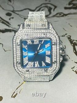 Mens Custom Fully Silver Ice out Sport Bust Down Cz Watch Stainless Steel Band