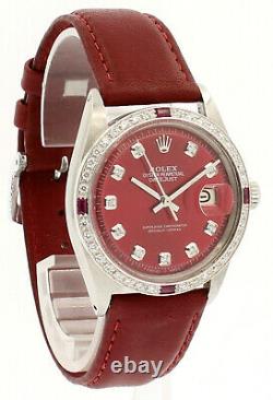 Mens ROLEX Oyster Perpetual Datejust 36mm Shiny RED Roman Dial Diamond Watch