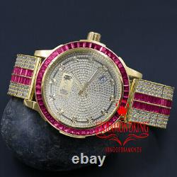 Mens Real Diamond Dial Watch Stainless Steel Custom Bezel Gold Finish Ruby Red