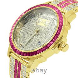 Mens Real Diamond Dial Watch Stainless Steel Custom Bezel Gold Finish Ruby Red