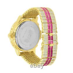 Mens Real Diamond Dial Watch Stainless Steel Custom Bezel Gold Finish Ruby Red