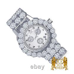 Mens Real Genuine Diamond Stainless Steel White Gold Custom Flower Watch WithDate